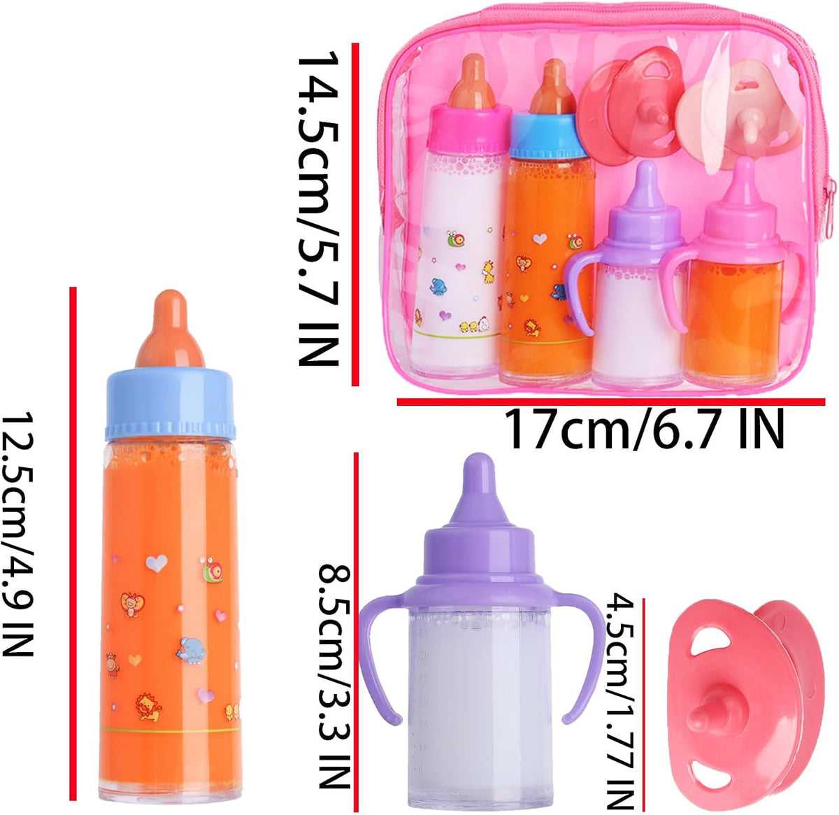 Beem Jun pink baby doll bottles and pacifiers set in a clear zippered bag - view 18