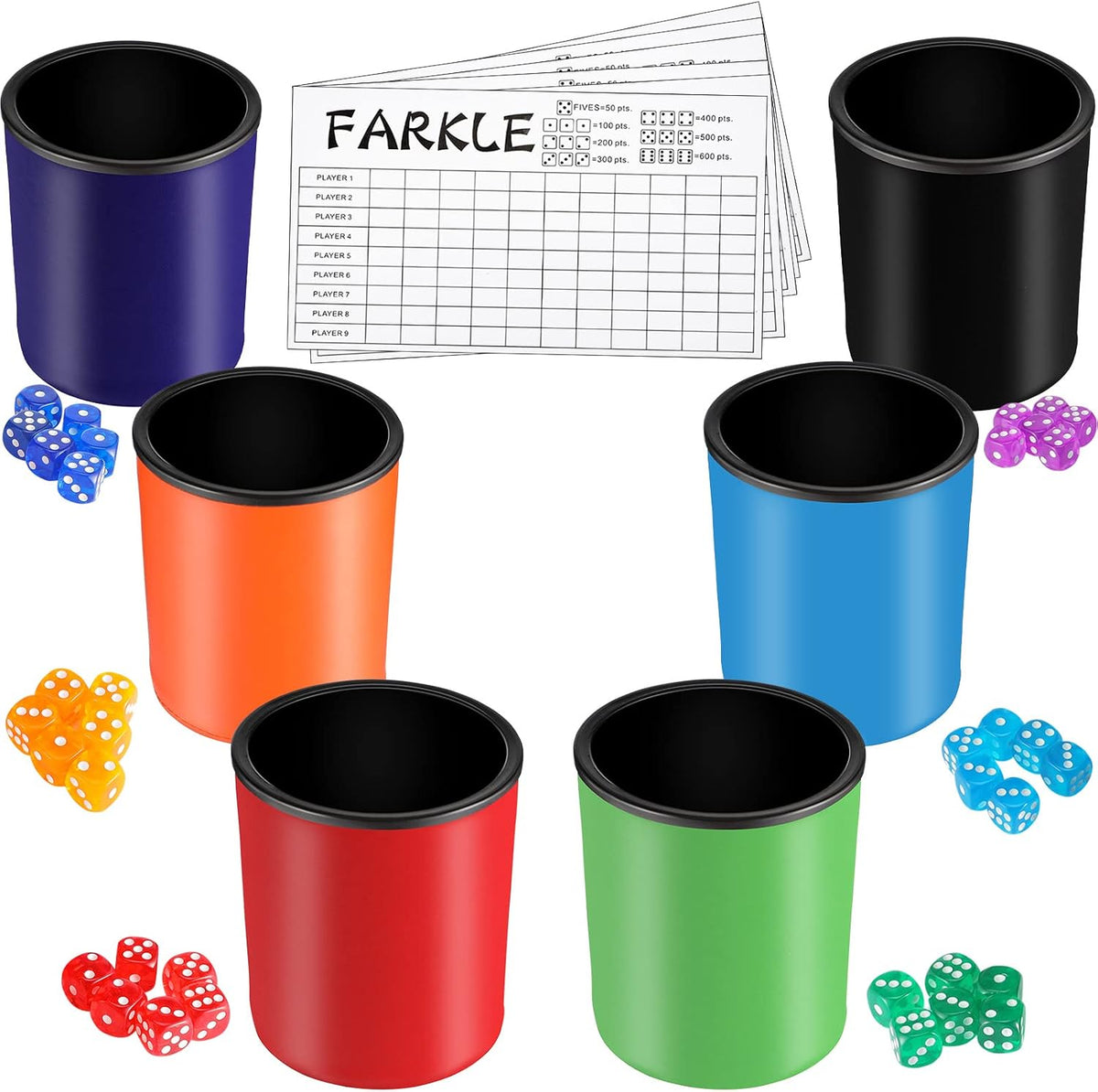 Zhanmai Farkle dice cup set with six PU leather cups, colorful dice and scorecards