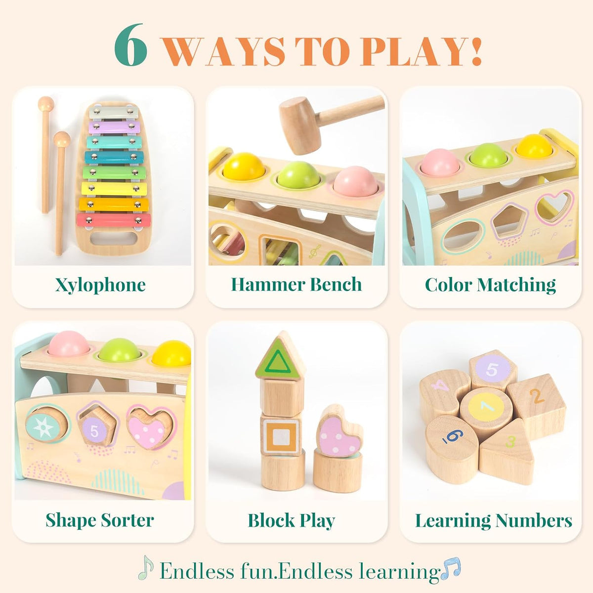 WOODENFUN wooden pounding toy with xylophone, hammer bench, balls and shape sorter - view 3