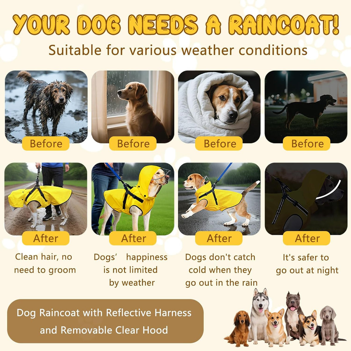 Dog Raincoat: Dog Rain Jacket with Reflective Harness & Removable Hood - Large - image 3