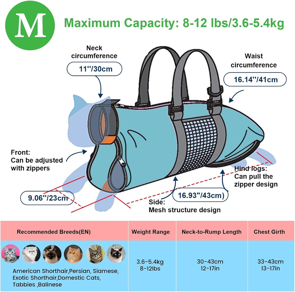 Cinf Cat Restraint Grooming Bag - M (8-12lbs) / Blue - image 4