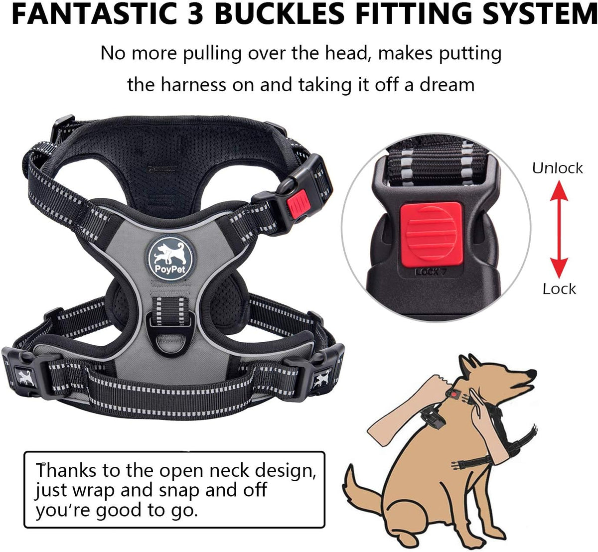 PoyPet No Pull Dog Harness Medium with Front Clip & Neck Release - XS / Grey - image 2