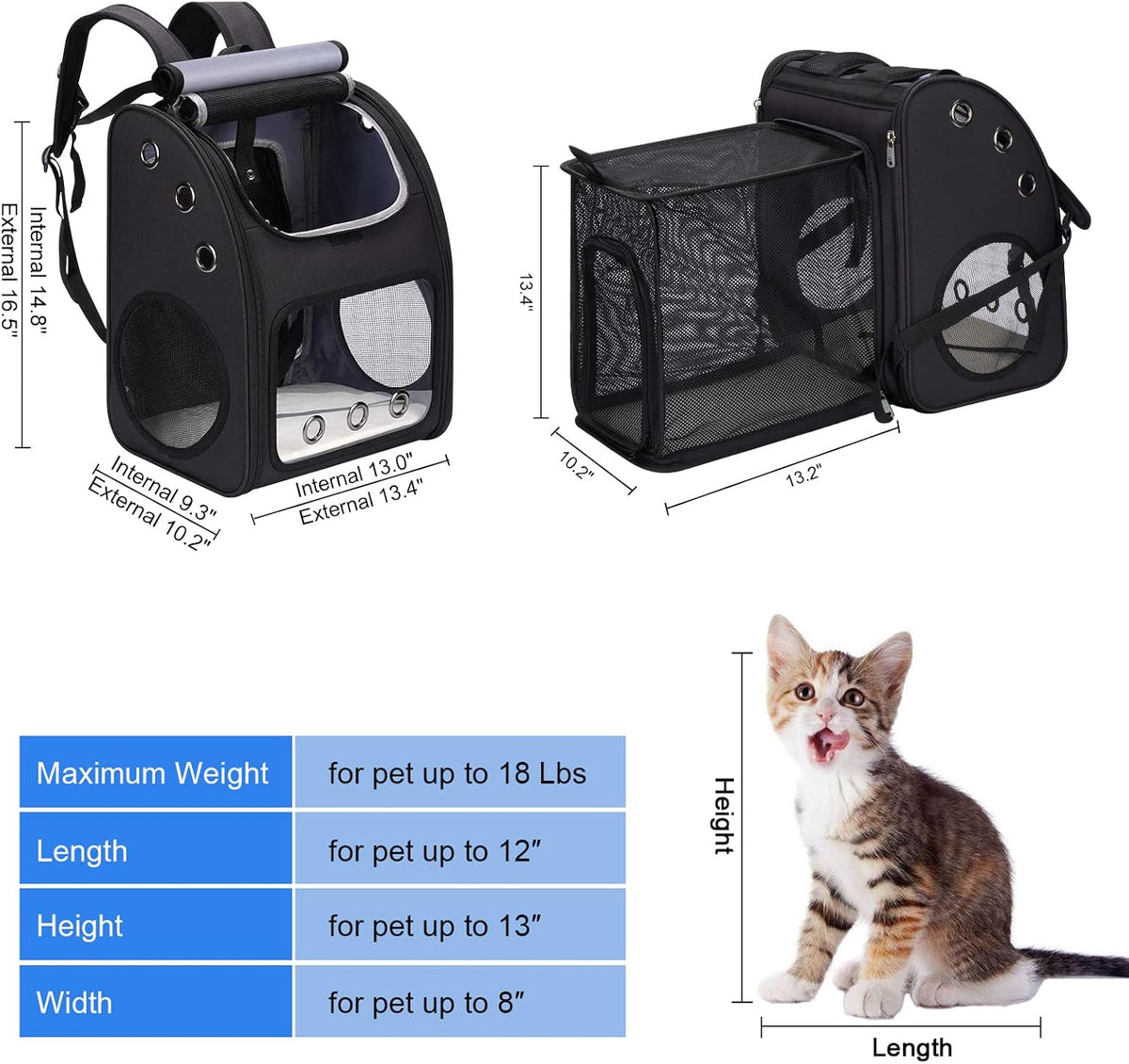 Expandable Cat Backpack Carrier for Small Cats/Dogs Airline Approved – Essentials for Dogs - Black-Standard - image 2