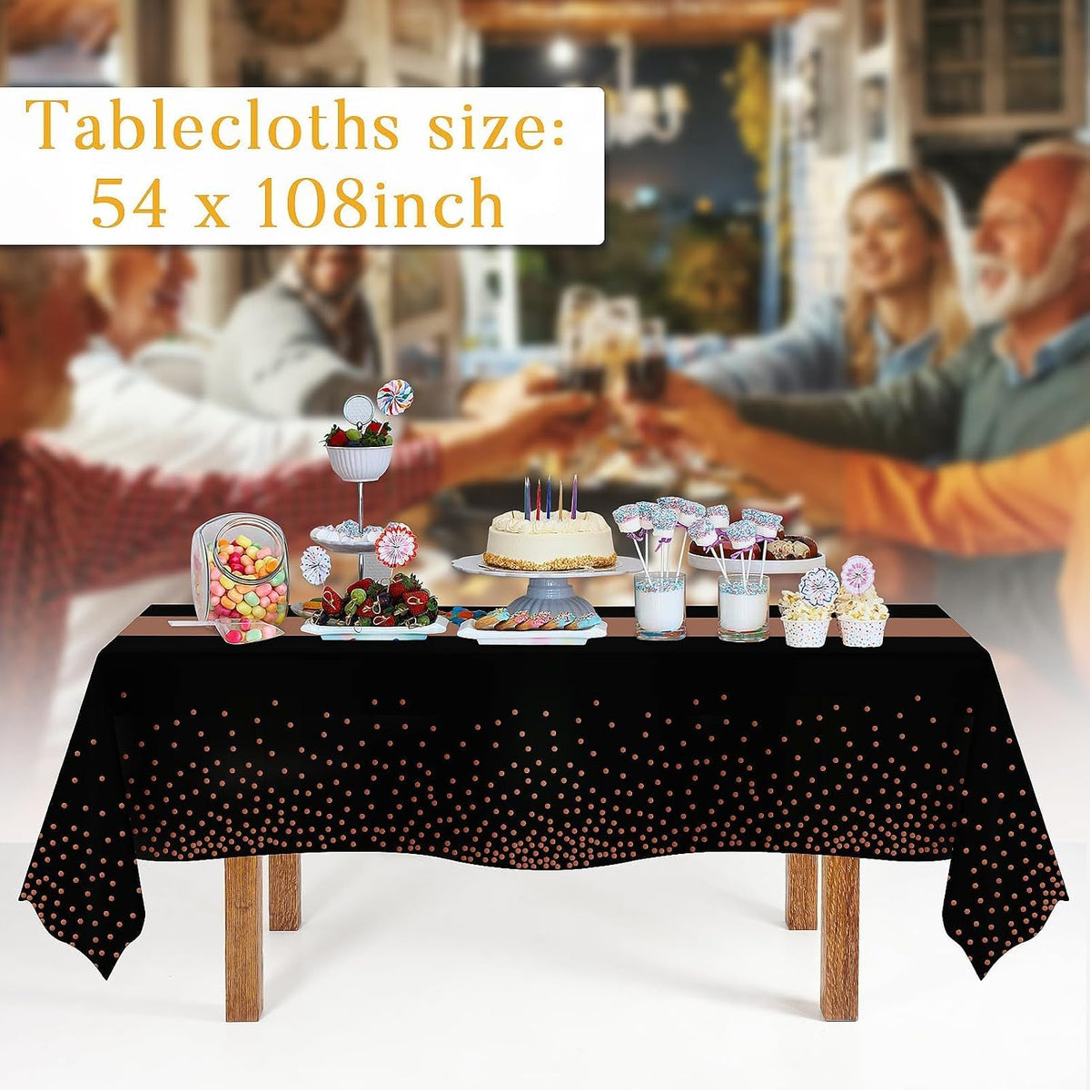 Childom 3 Pack Black and Gold Tablecloths for Events - Black and Rose Gold - image 2