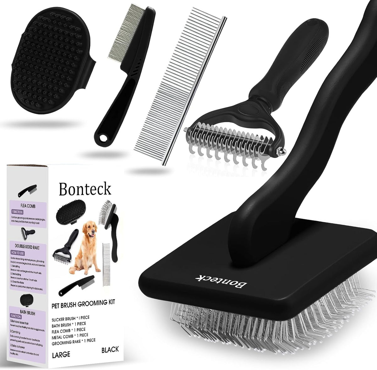 Dog Slicker Brush for Dogs Grooming Kit 5PCS Long Haired Doodles – Essentials for Dogs - Black