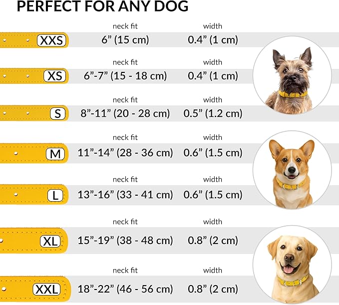 CollarDirect Rolled Leather Dog Collar, Soft Padded Round Puppy Collar, Handmade Genuine Leather Collar Dog Small Large Cat Collars 13 Colors (6-7 Inch, Yellow Textured)