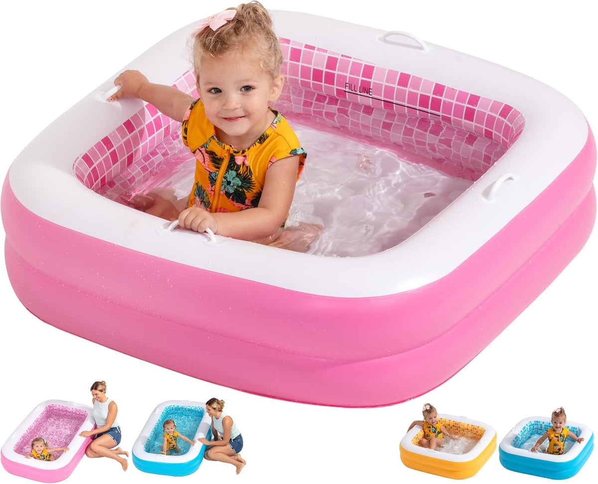 3-in-1 Inflatable Baby Pool, Safety Secure Grip Handles - 34" Square Playful Pink
