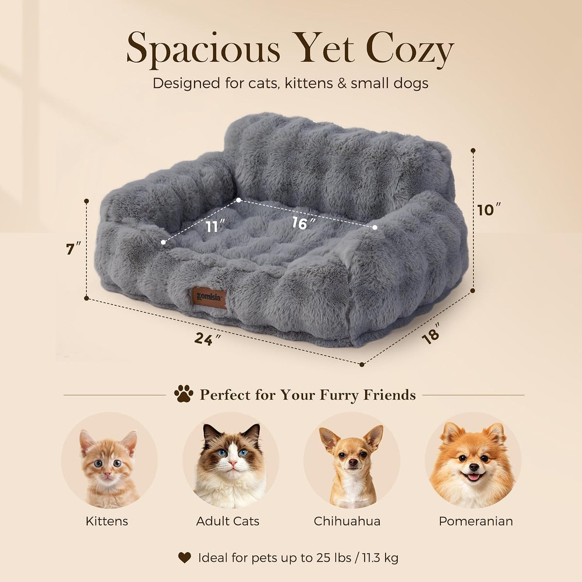 Orthopedic Cat Couch Bed for Indoor Cats - 24.0"L x 18.0"W x 10"Th / Grey - image 2