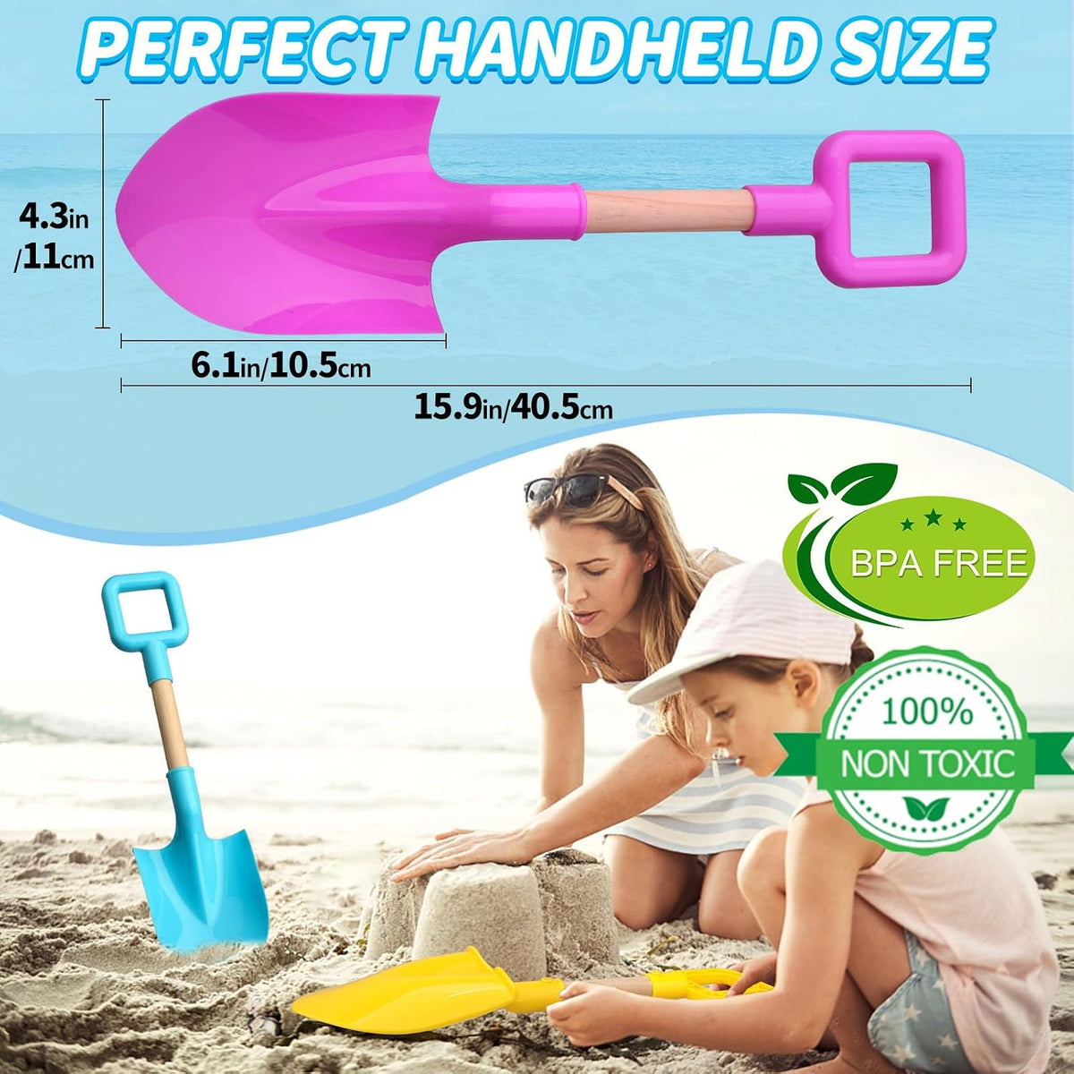 Amarlozn 16 inch kids beach sand shovels with long wooden handles, avocado color set of 3 - view 8