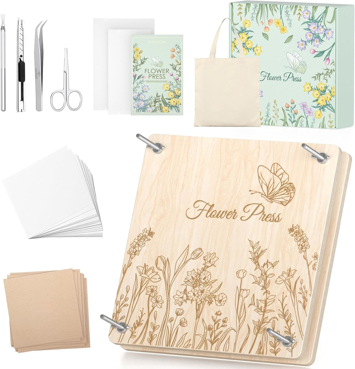 Wakhow Flower Press Kit, 11" x 11" Large Wooden Flower Press for Adult Teen – Fun for Kids & Family - Natural Wood
