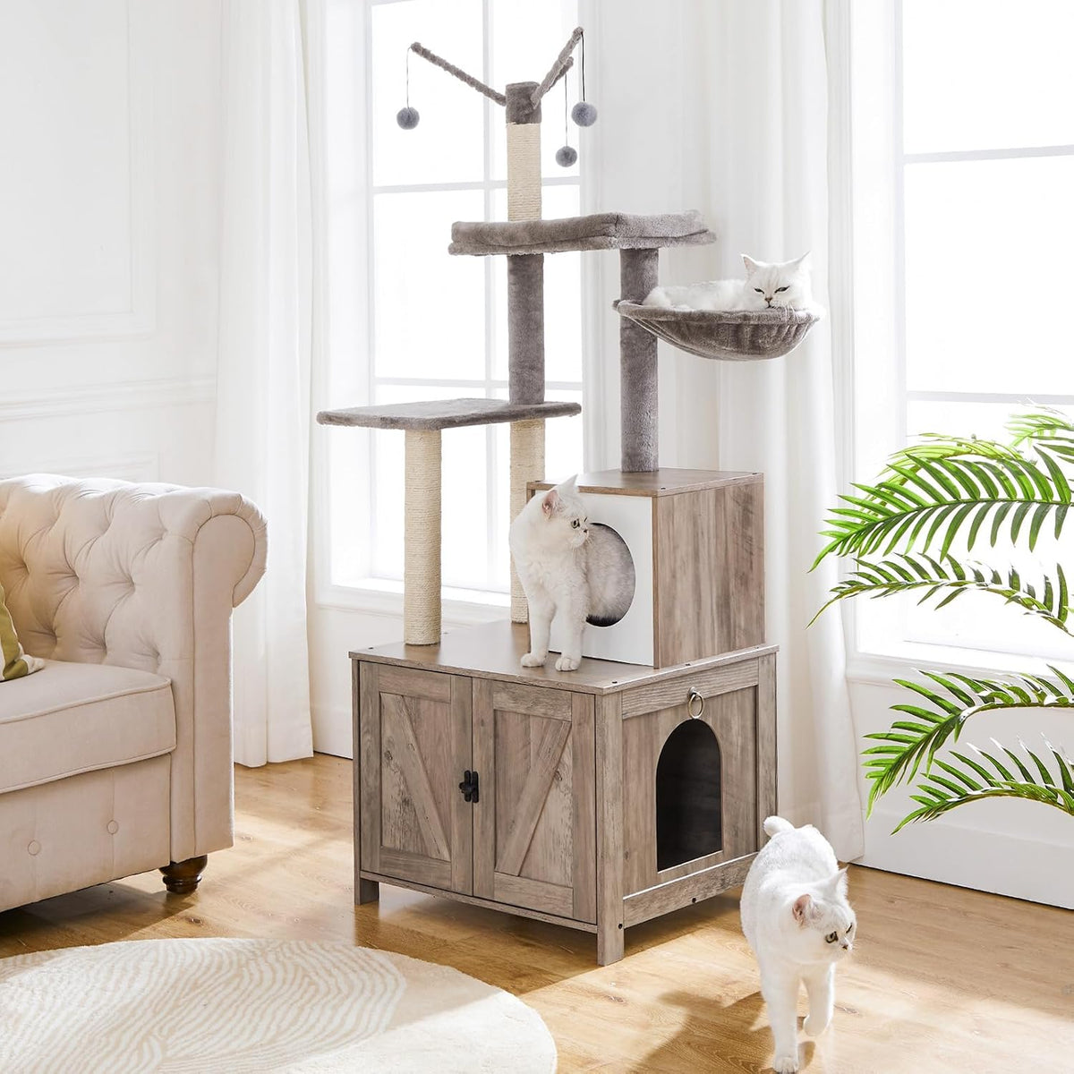 HOOBRO Cat Tree Tower with Litter Box Enclosure Indoor - Greige + White - image 2