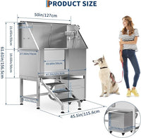50" Stainless Steel Professional Dog Washing Station - Pet Bathing Tub w/Non-Slip Stairs & Storage Shelf | Slip-Resistant Floor Grate | for Large/Medium/Small Dogs
