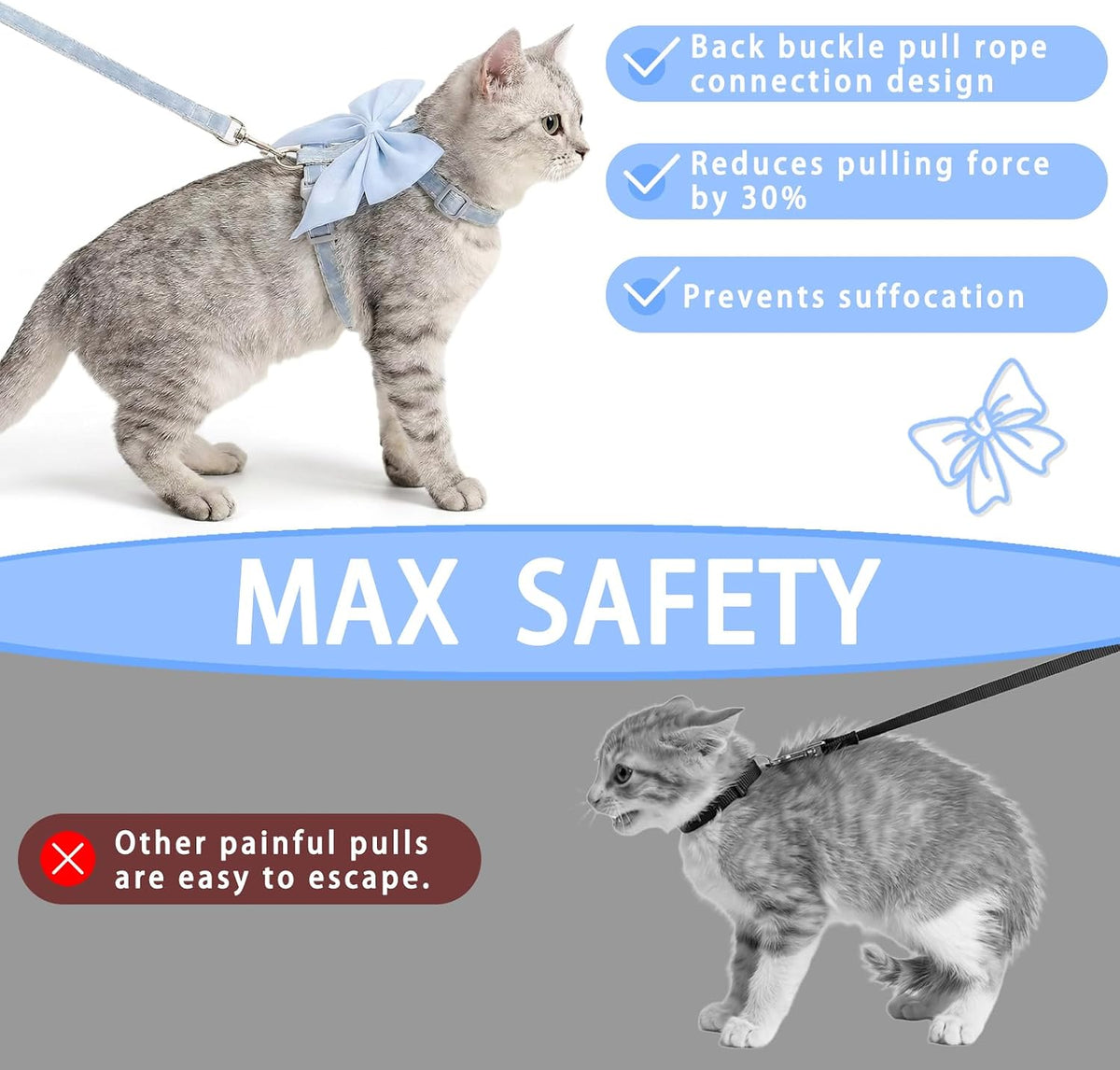 Tensho Pink Bow Cat Harness and Leash Set, Escape Proof - Blue Bow / S - image 3