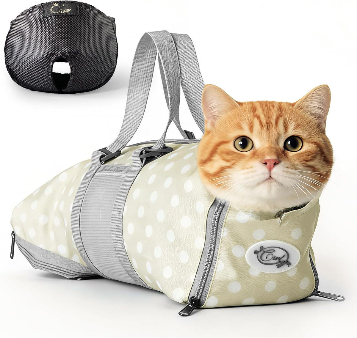 Cinf Cat Restraint Grooming Bag - M Size–Fits most adult cats (8–12 lbs) / Beige Gray+Dot