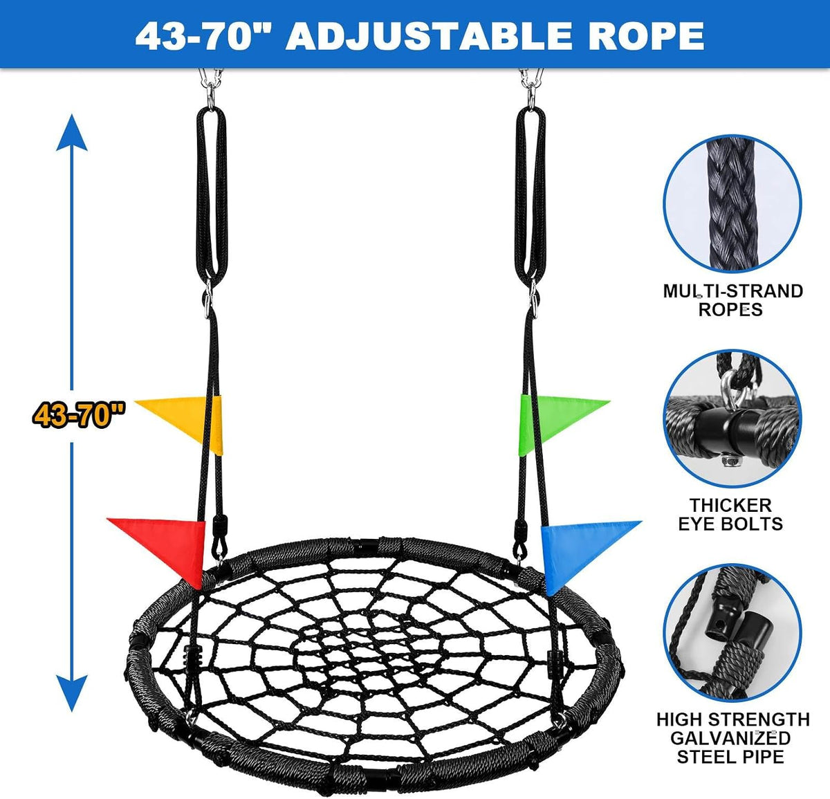 Odoland 43 inch black spider web tree swing with padded steel frame and adjustable ropes - view 7