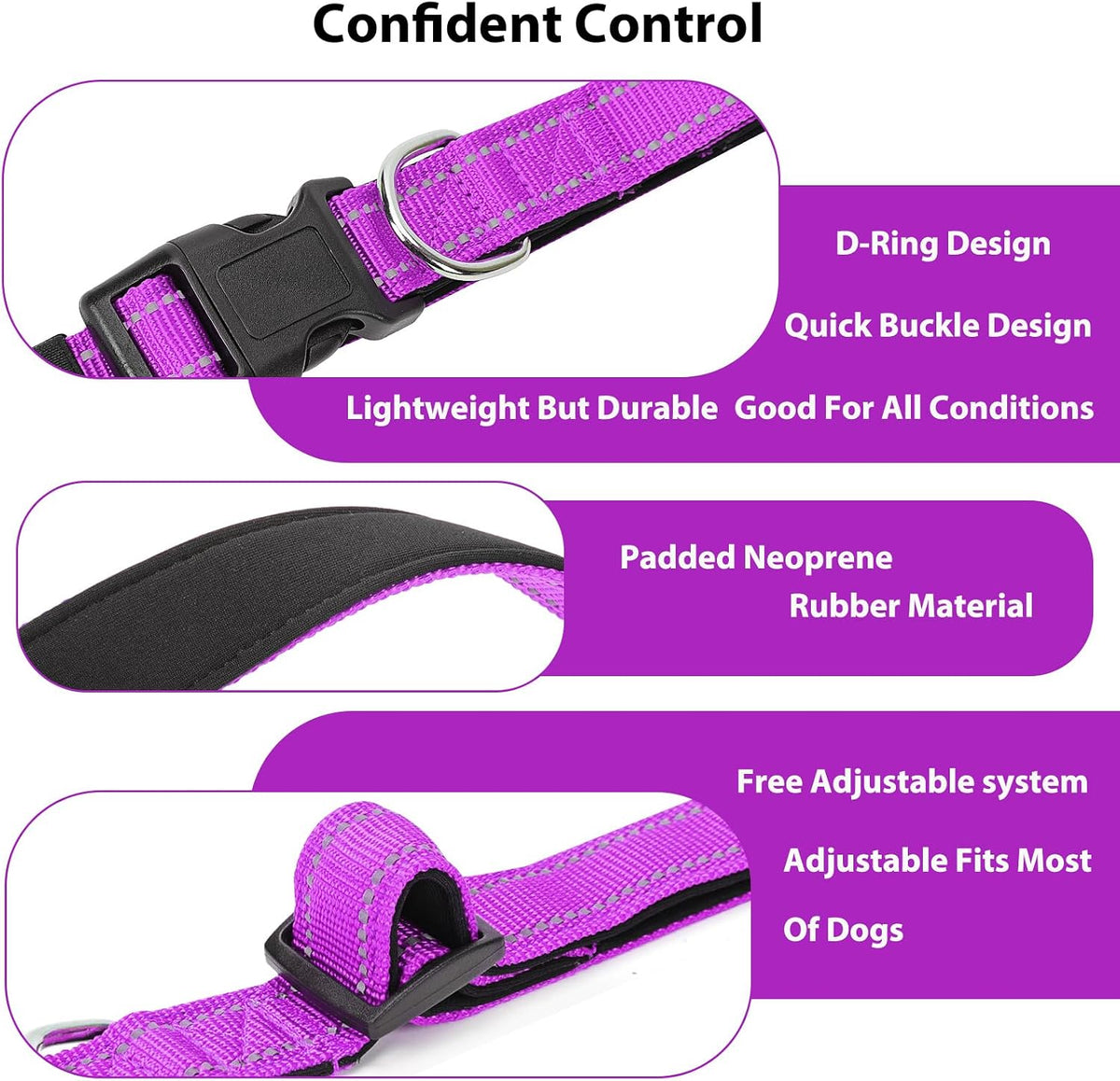 Reflective Dog Collar, Adjustable Nylon for Medium Dogs - Dark Magenta / S:width 5/8"neck 10.5-16" - image 4