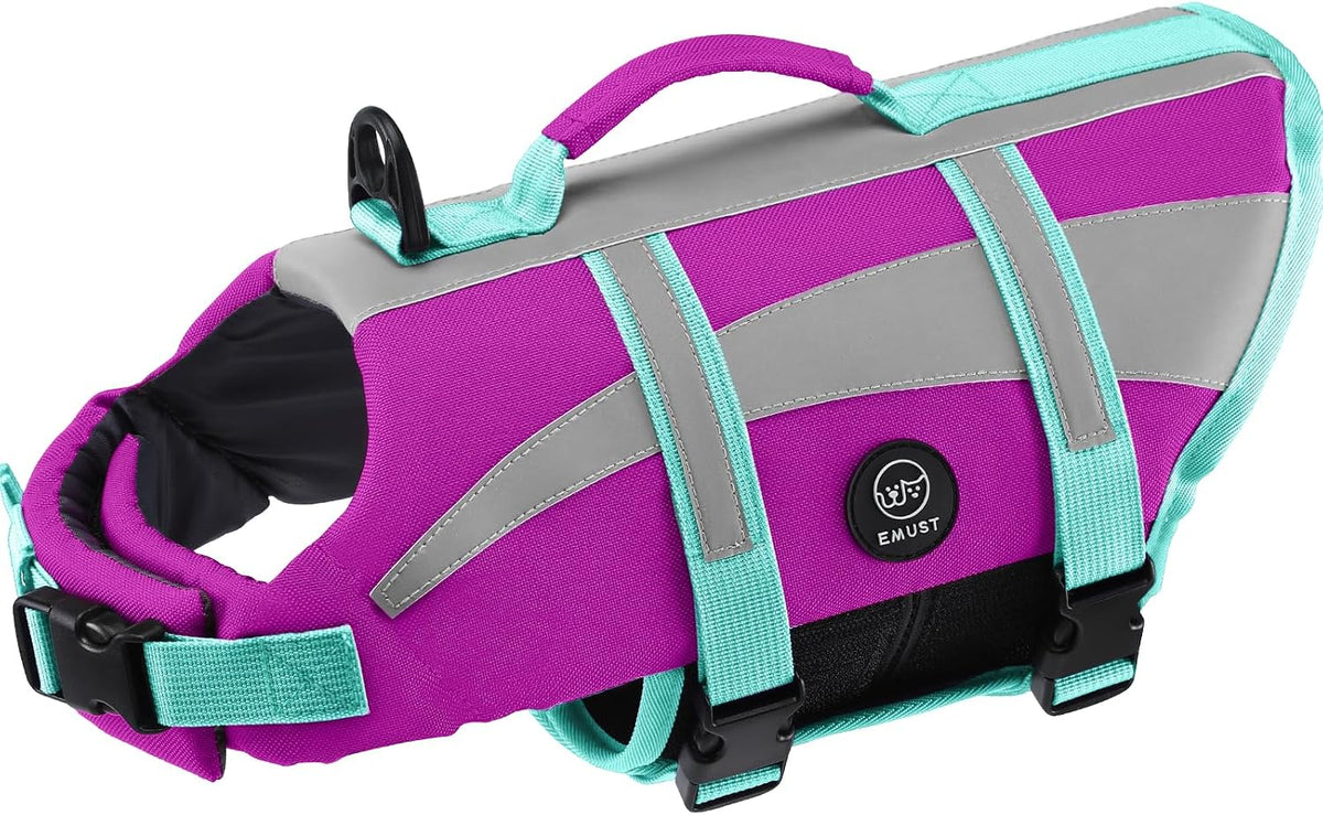 EMUST Dog Life Jacket, High Visibility Dog Life Vests with 2 Rescue Handles – Essentials for Dogs - Medium / NewPurple