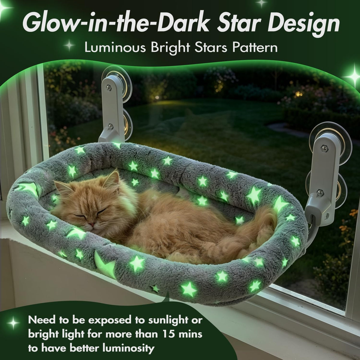 Glow in the Dark Cat Window Perch, Foldable Cordless Pet Hammock - 1PC Cushion Stars Bed - M - image 3