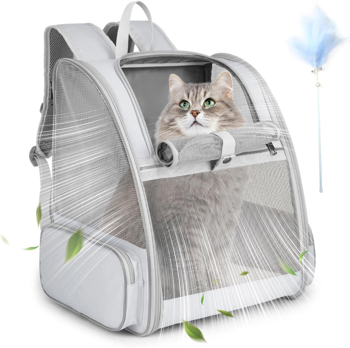 Cat Backpack Carrier, Small Dog Carrier Backpack with Fully Ventilated Mesh, Kitten Wand Feather - Grey