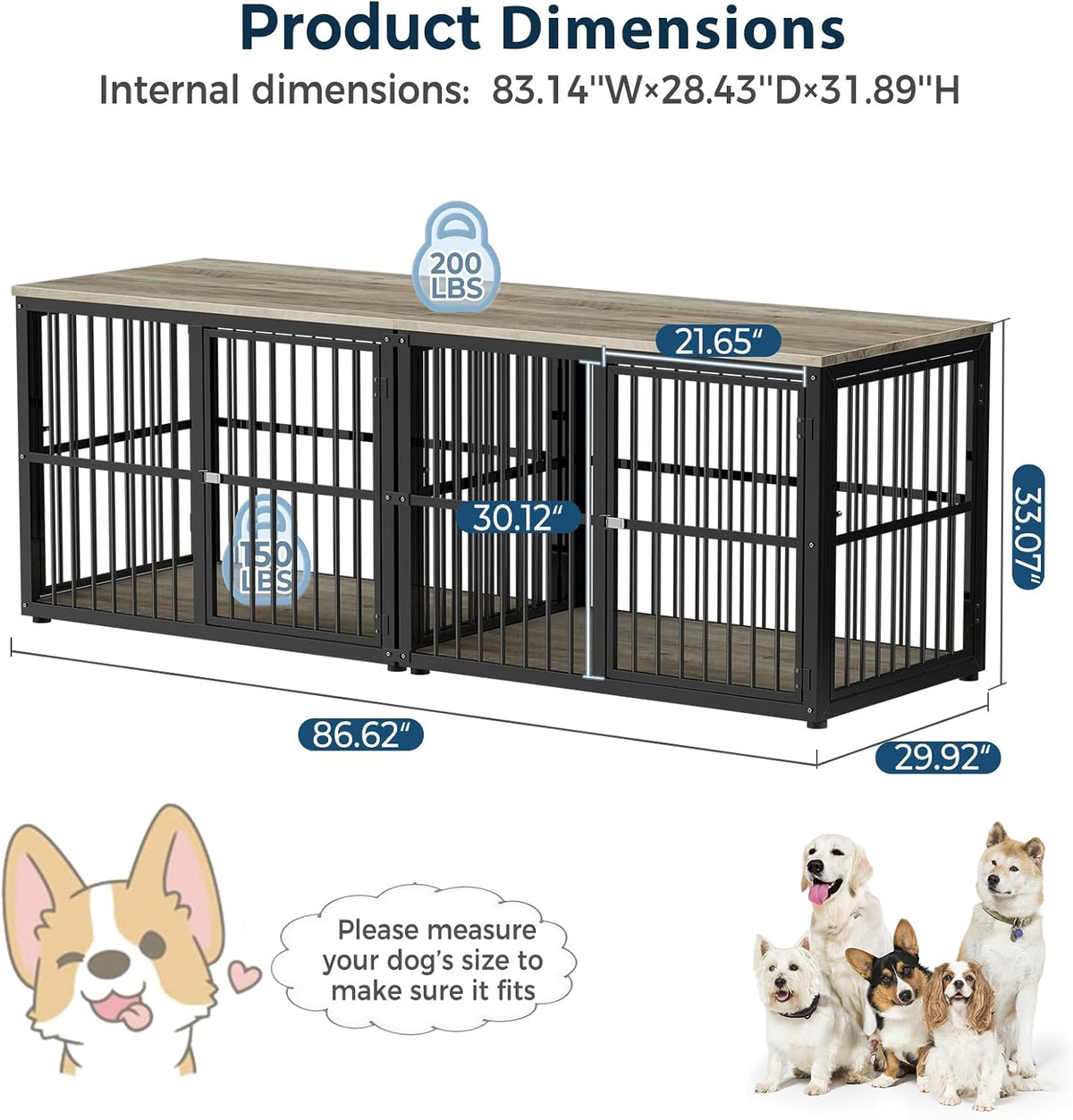 Lyromix 86.62'' Dog Crate Furniture Large Breed TV Stand, Grey – Essentials for Dogs - Ancient gray / 86.6"L x 29.9"W x 33.1"H / TV Stand Crate - image 2