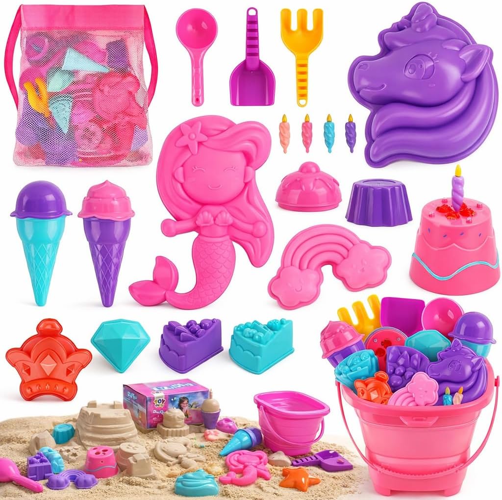 TOY Life 41-Pc Beach Sand Toy Set, Silicone Bucket & Shovels - 23pcs Unicorn Beach Sand Toys