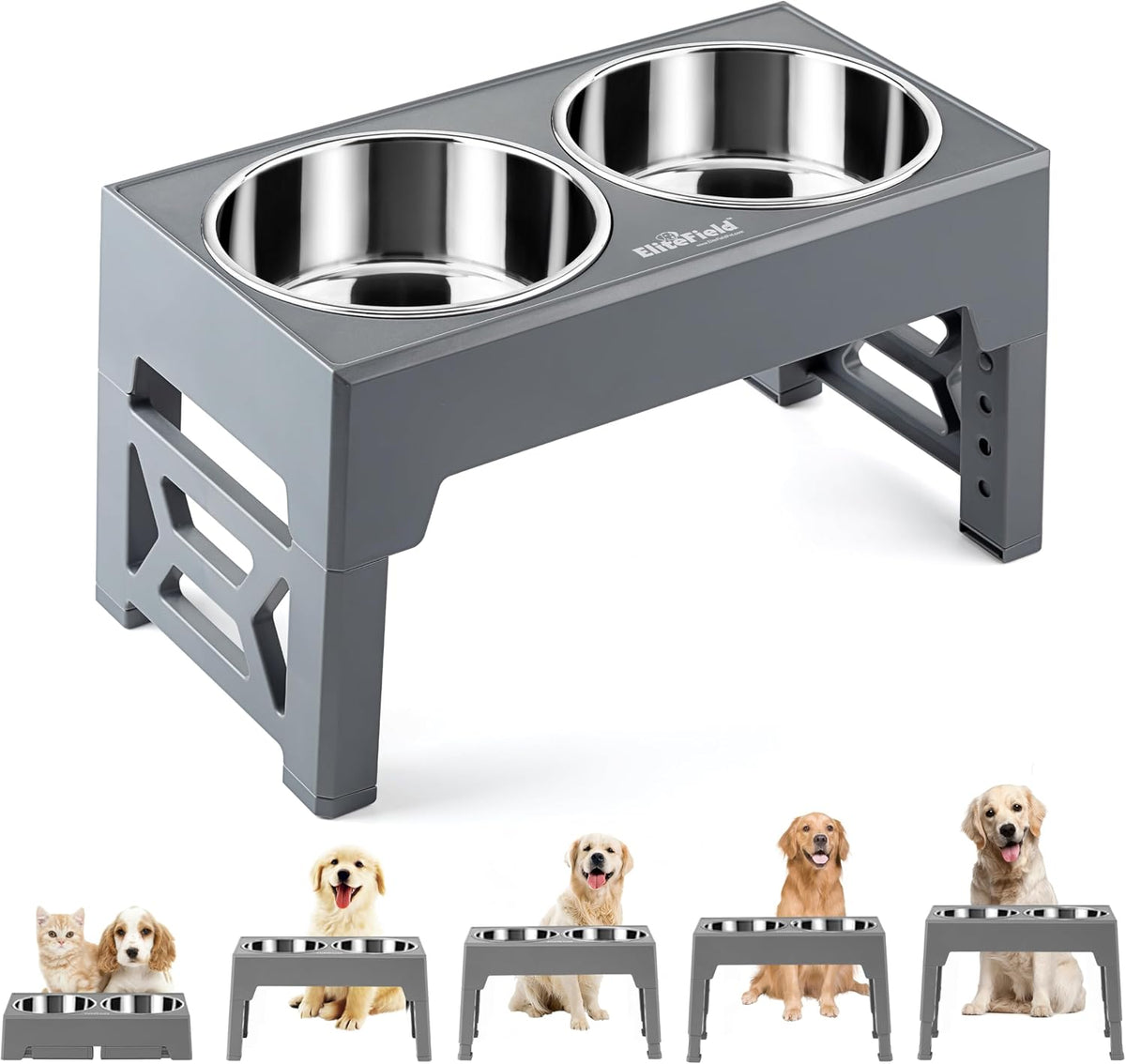 EliteField Elevated Dog Bowls - 2 Stainless Steel Bowls / Gray