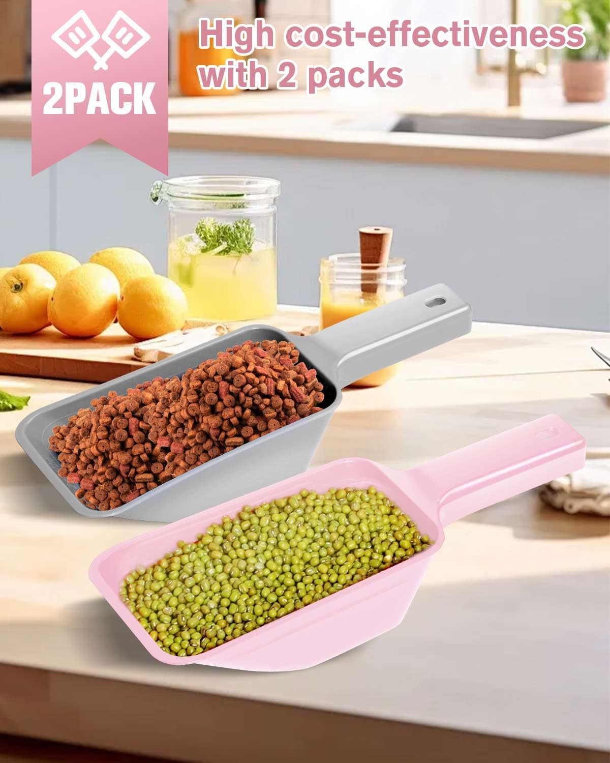 2 Cup Dog Food Scoop, Plastic Pet Food Scoop with Measuring Lines for Accurate Pet Food - Pink and Grey - image 3