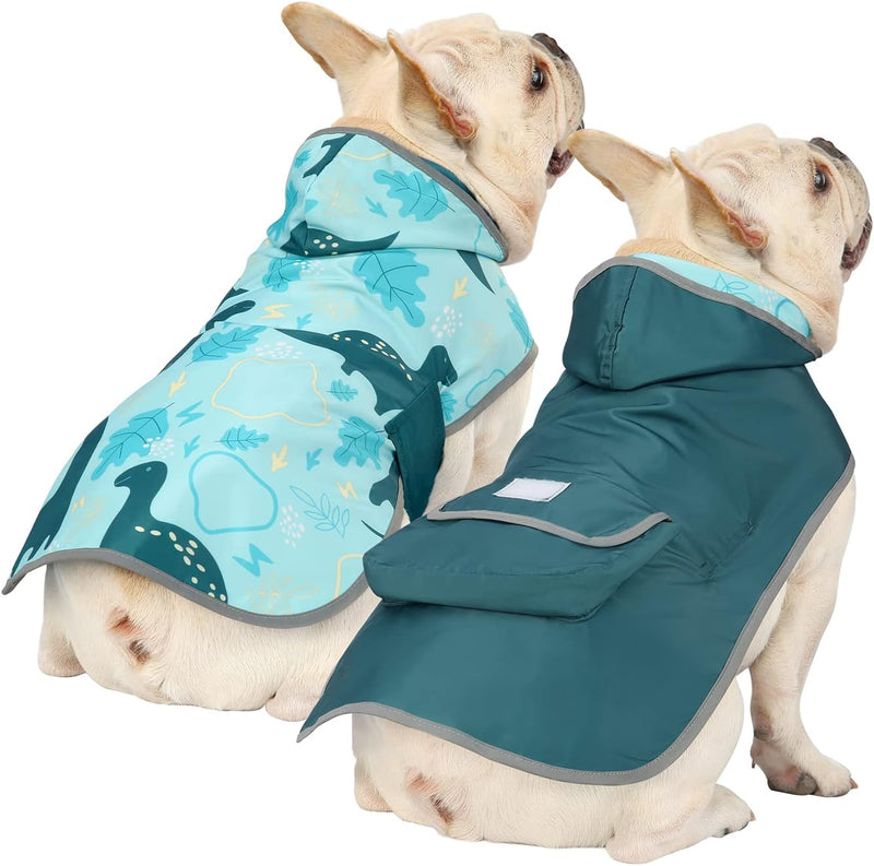 HDE 2-in-1 Reversible Dog Raincoat Hooded Poncho Rain Jacket YLW Duck - Medium / Dinosaurs