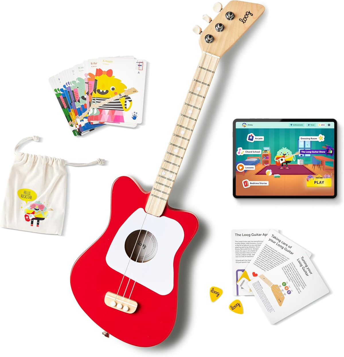 Loog Mini Acoustic kids Guitar for Beginners 3-strings Ages 3+ - Red