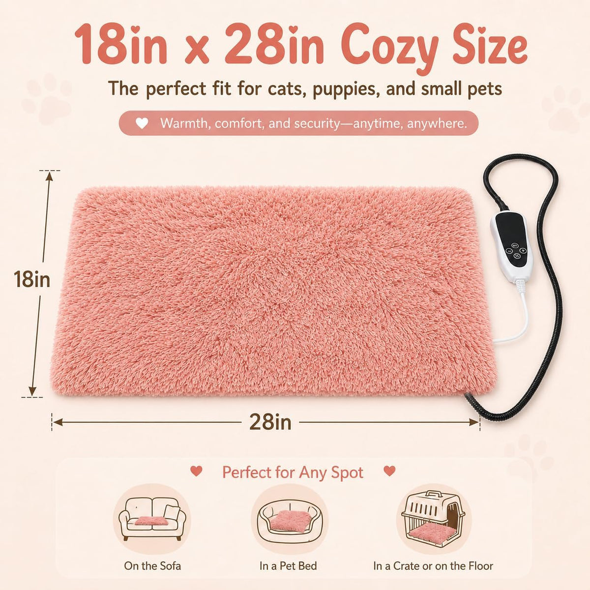 Pet Heating Pad for Cats with Normally Open Function - Pink Plush / 28.0"L x 18.0"W - image 2