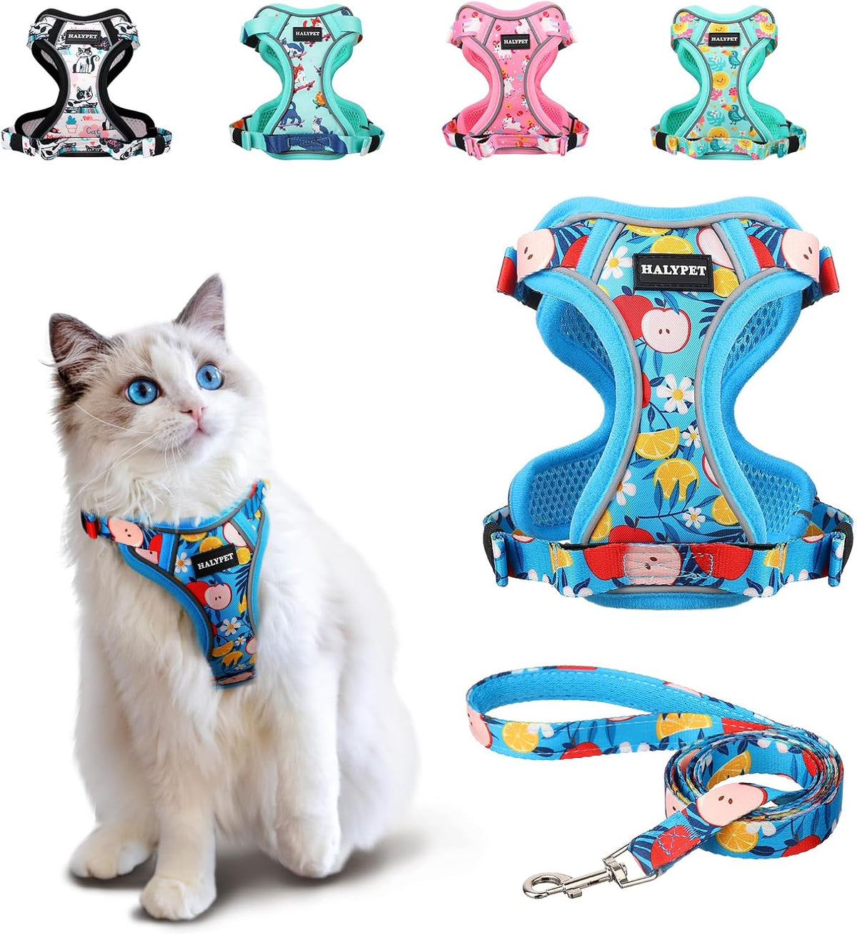 Cat Harness and Leash Set[MAX Safety 4th-Gen] Cute Escape Proof Vest - H603 Pro Azure Floral / Small (7-12lb)