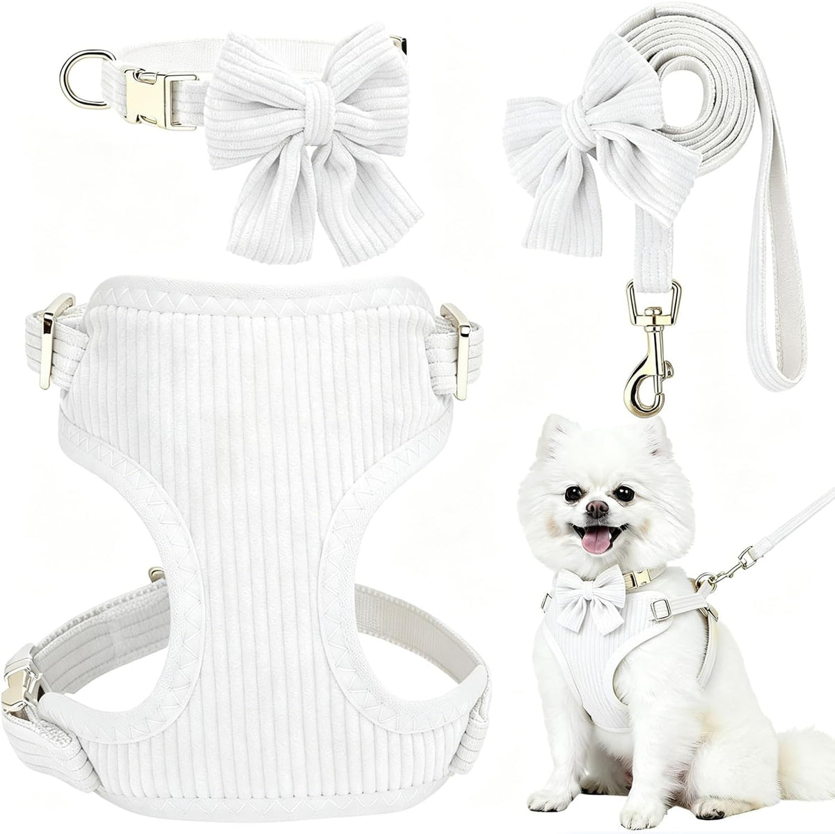 Small Dog Collar Harness and Leash Set with Bowtie - White-Harness / S: Neck 10-16", Chest 14-18.9"
