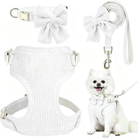 Small Dog Collar Harness and Leash Set with Bowtie - White-Harness / S: Neck 10-16", Chest 14-18.9"