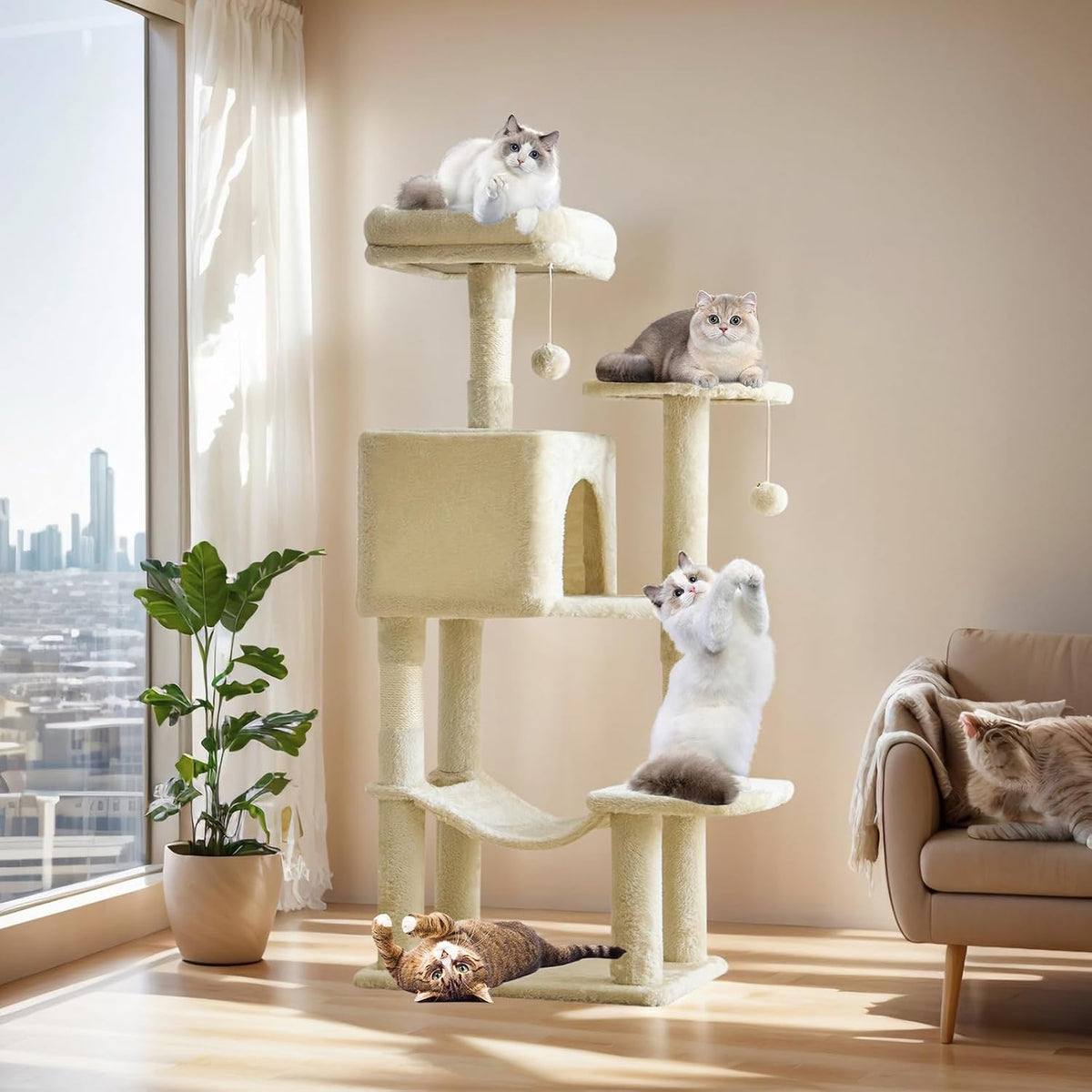 DUMOS 44 Inch Cat Tree Tower with Natural Sisal Scratching Posts – Essentials for Cats - Beige / 5 / 43.6"×13.7"×17.7" - image 2