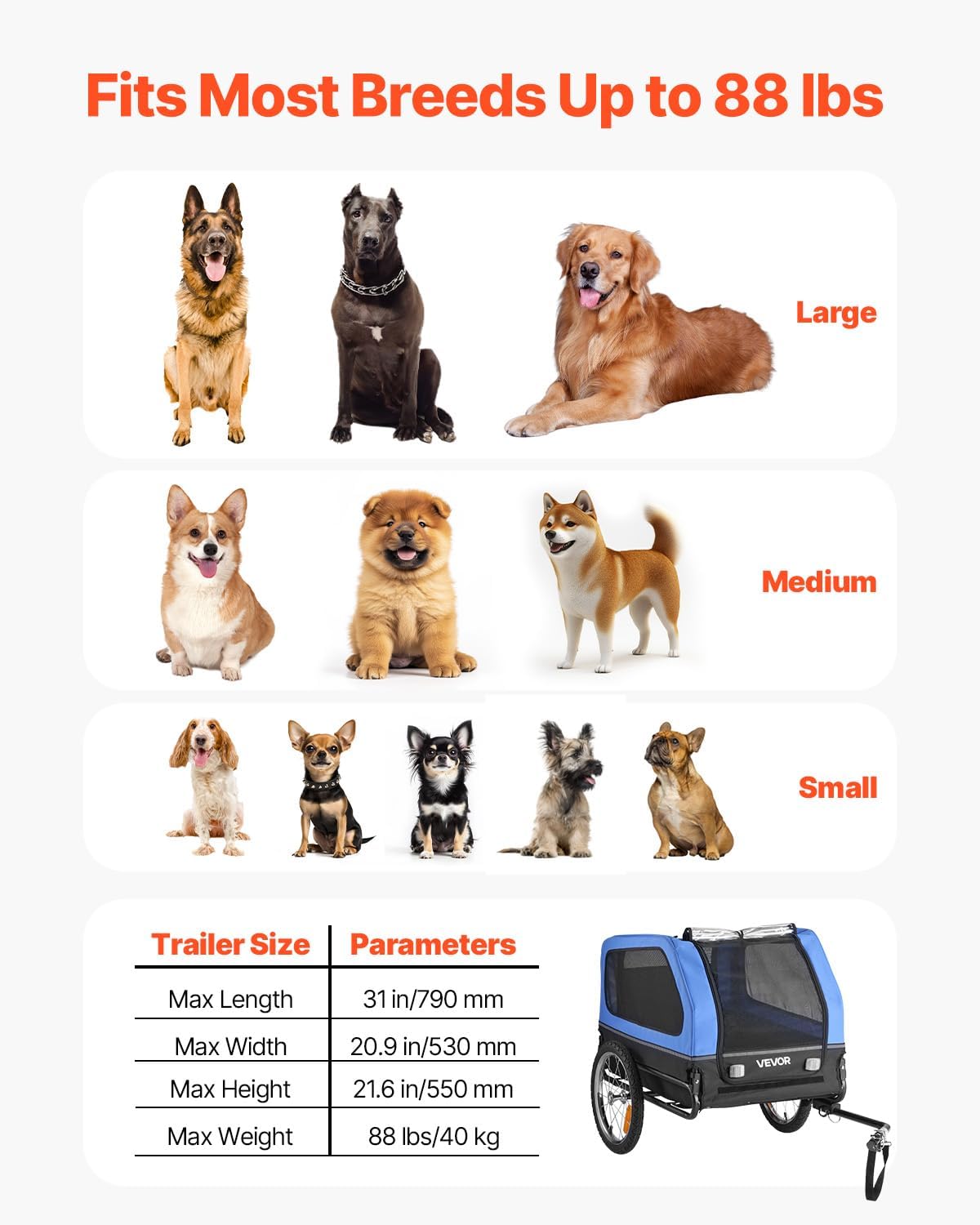 VEVOR Dog Bike Trailer, Supports up to 88 lbs - Blue/Black - image 3