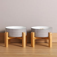 Black Elevated/Raised Dog Bowl Ceramic with Wood Stand for Medium - Grey White / 6 Inch - image 4