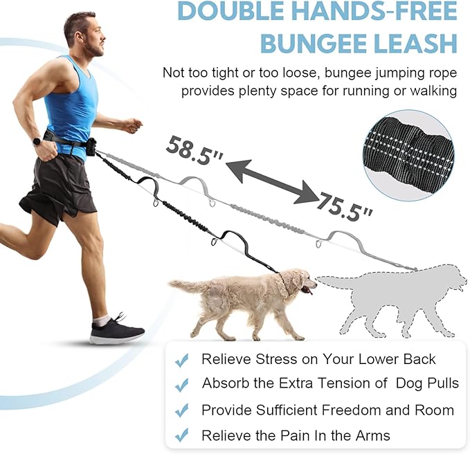 Hands Free Dog Leash with Pouch, Double Leash for Two Dogs, Retractable Bungee with Double Padded Handles, Dog Waist Leash for Dog Walking,Dog Walking Accessories,Black Grey