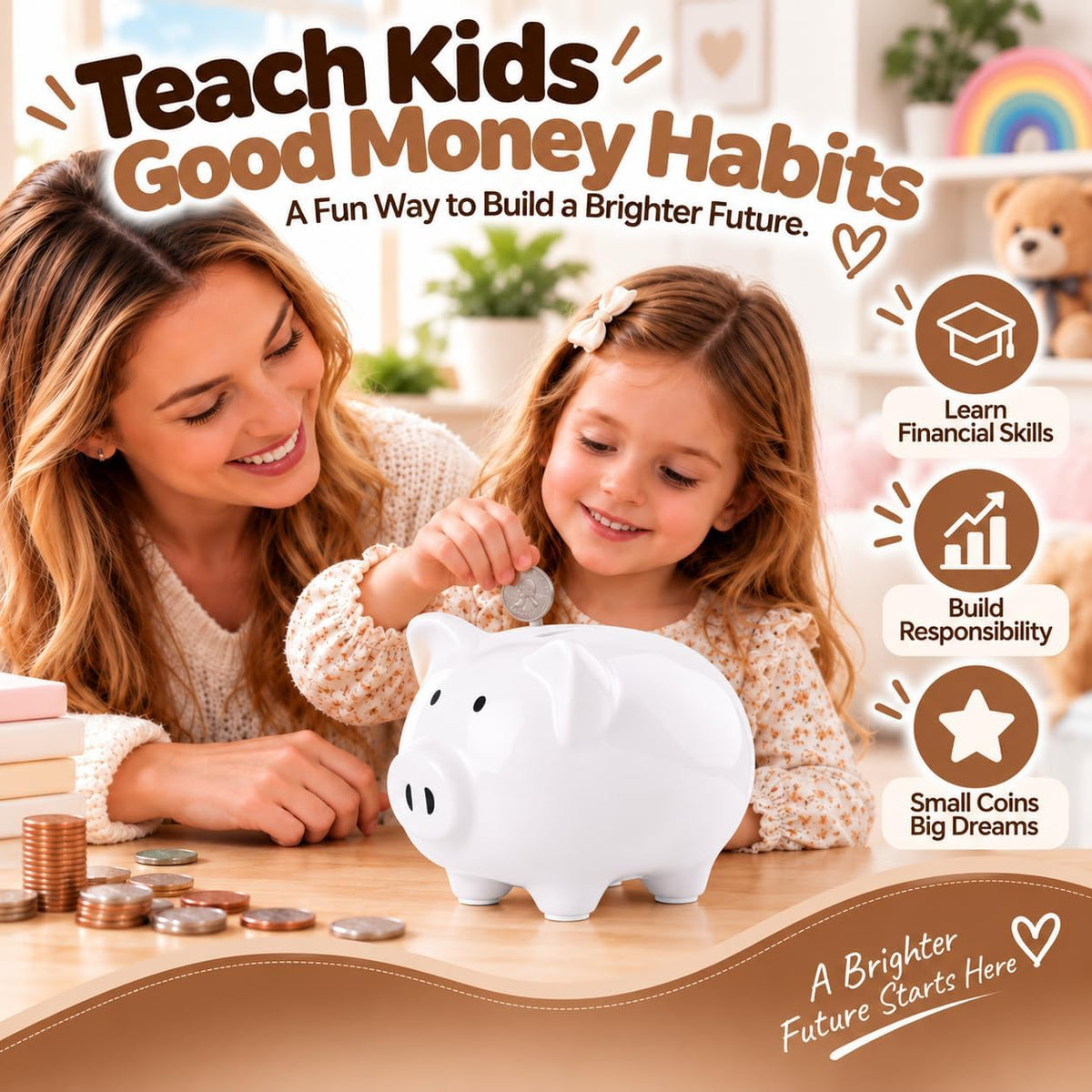SOBEIT Piggy Bank for Kids Girls Boys, Glazed Ceramic Coin Bank - Style 1 White - image 3