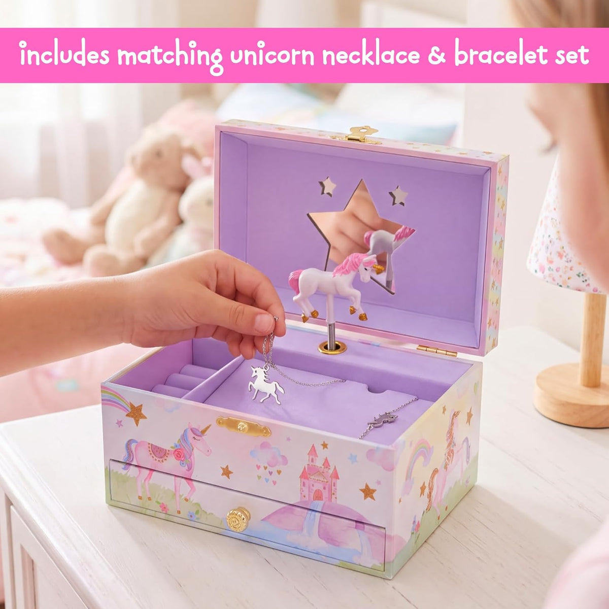 Jewelkeeper Jewelry Box for with Pullout Drawer - Party Unicorn w/Accessory - image 3