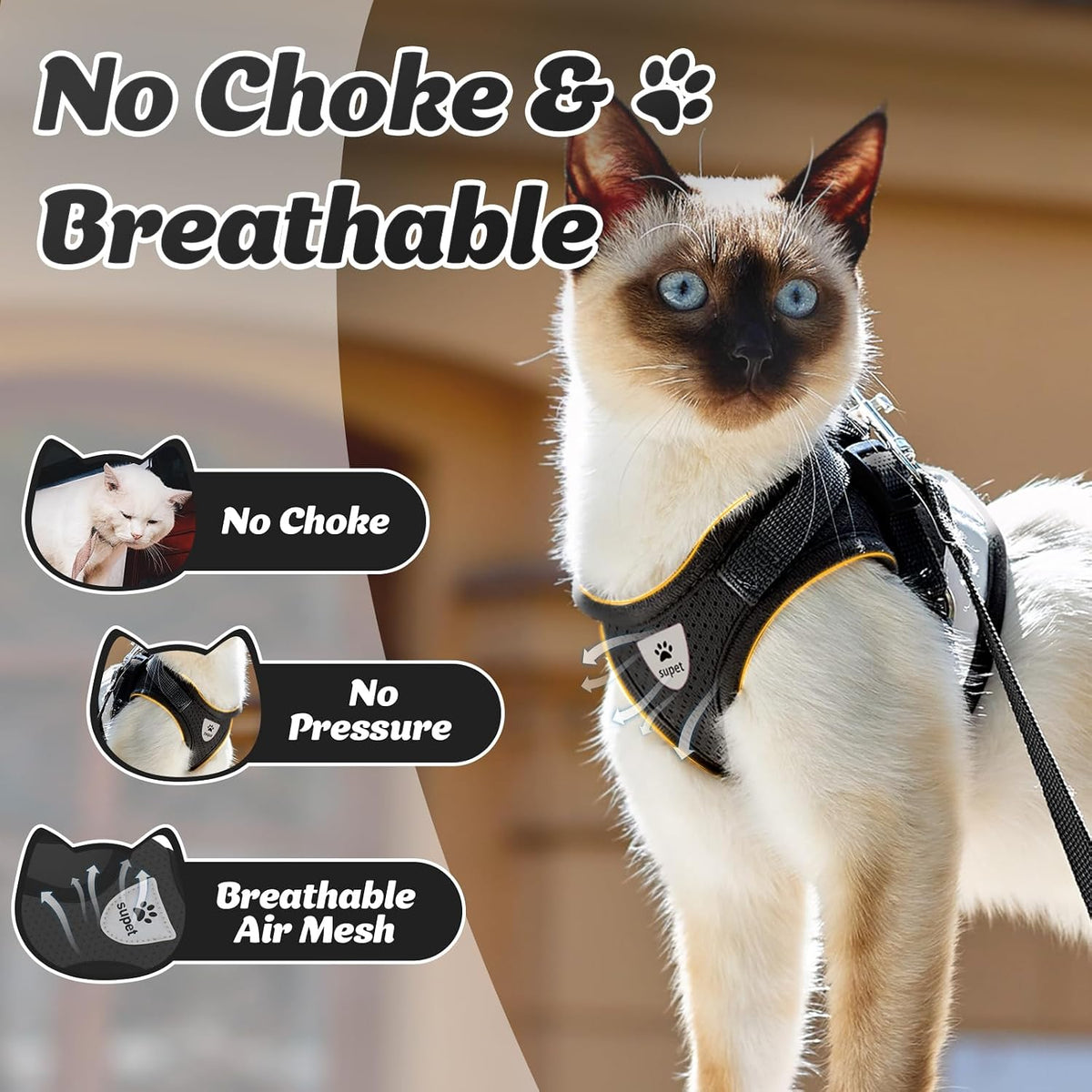 Supet cat harness and leash set in size small with reflective stripe and air mesh vest - view 2