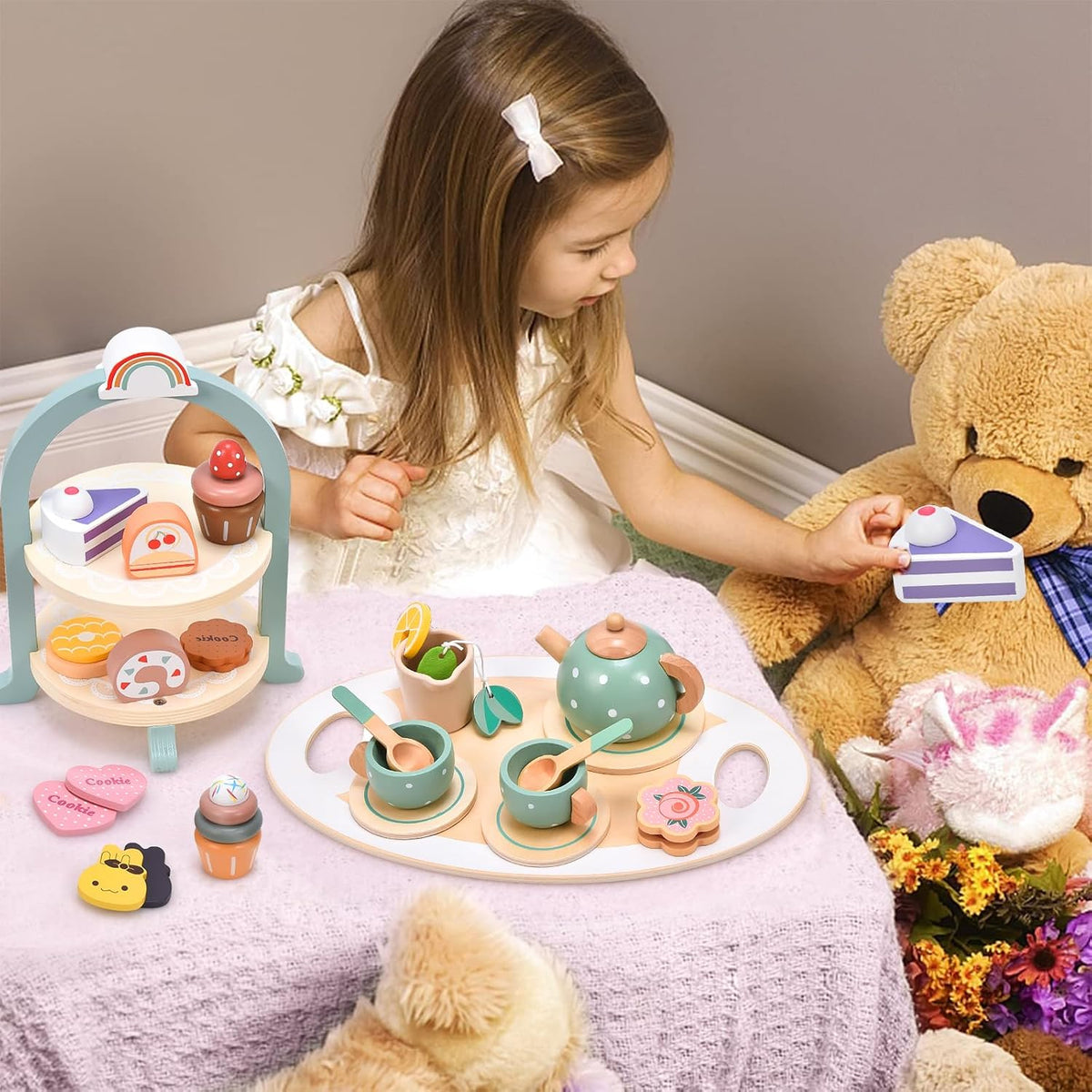 Atoylink Wooden Tea Party Set for Little Girls 28 Pcs Toddler Tea Set - image 3