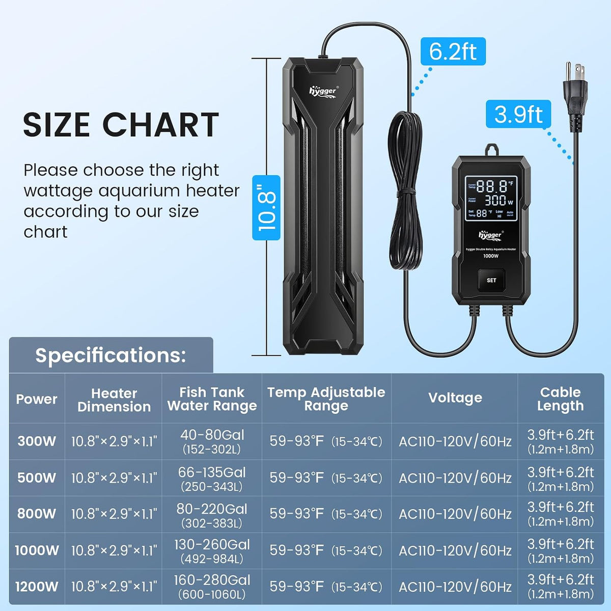 hygger Aquarium Heater 300W/500W/800W/1000W - Black-1000W for 130-260 Gallon - image 4