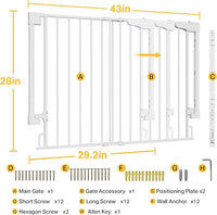 Cumbor 29.2-43" No Bottom Bar Baby Gate for Stairs, 2-in-1 Hardware Mounted Dog Gate Indoor, Auto Close Pet Gate for Doorways with Large Walk Thru Door, Wide Child-Proof Safety Gates for Kids (White)