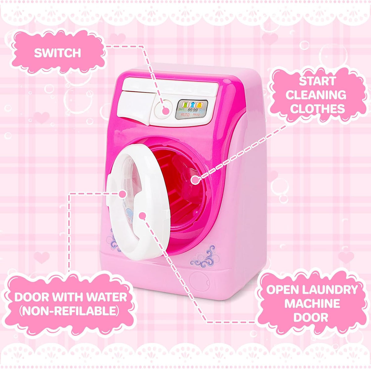 deAO Washing Machine Toy for kids Sound Lights Laundry Play Set - Pink - image 2