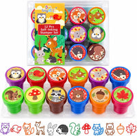 TINYMILLS woodland animal self-inking stamps for kids, 12 piece set in clear box