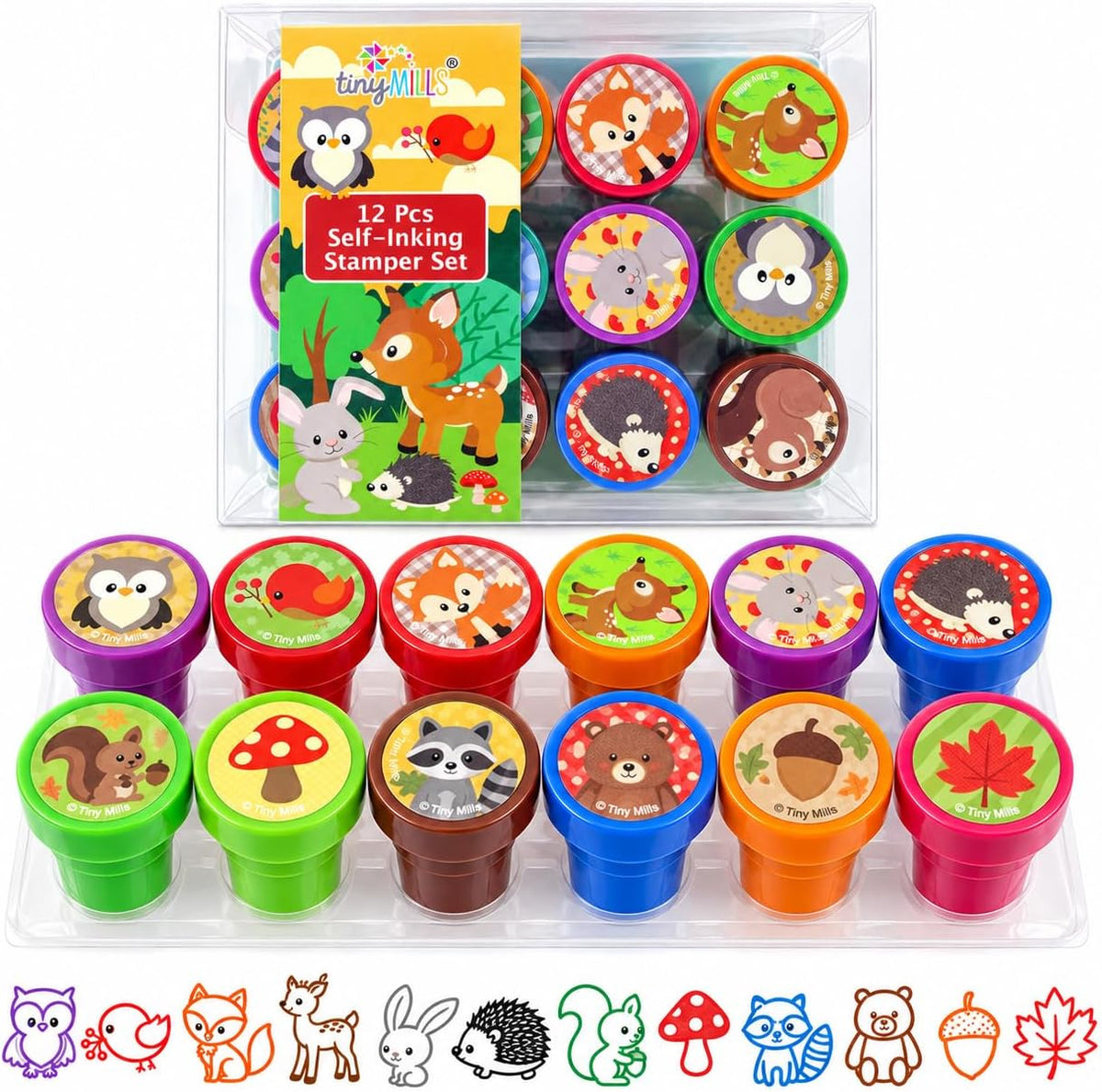 TINYMILLS woodland animal self-inking stamps for kids, 12 piece set in clear box