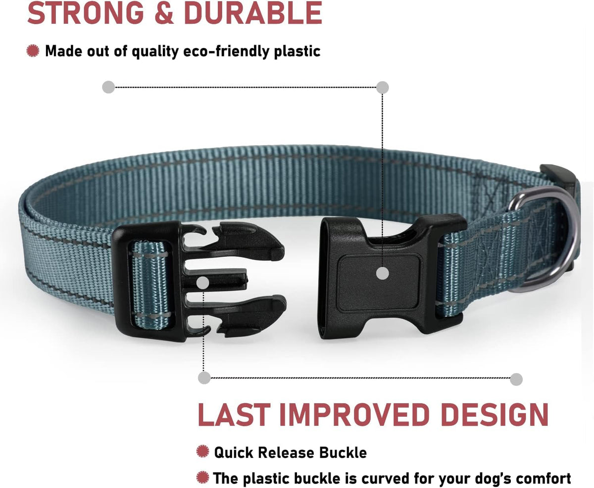 Reflective Dog Collar, Puppy Collar with Buckle Adjustable - Grey / Large :Width 1",Neck 14-22" - image 2