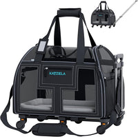Airline Compliant Pet Carrier - Rolling Portable Travel Carry Crate for Small Dog, Puppy or Cat - Soft Removable Wheeled Design with Mesh Window Sides - Airplane and TSA Compliant- by Katziela