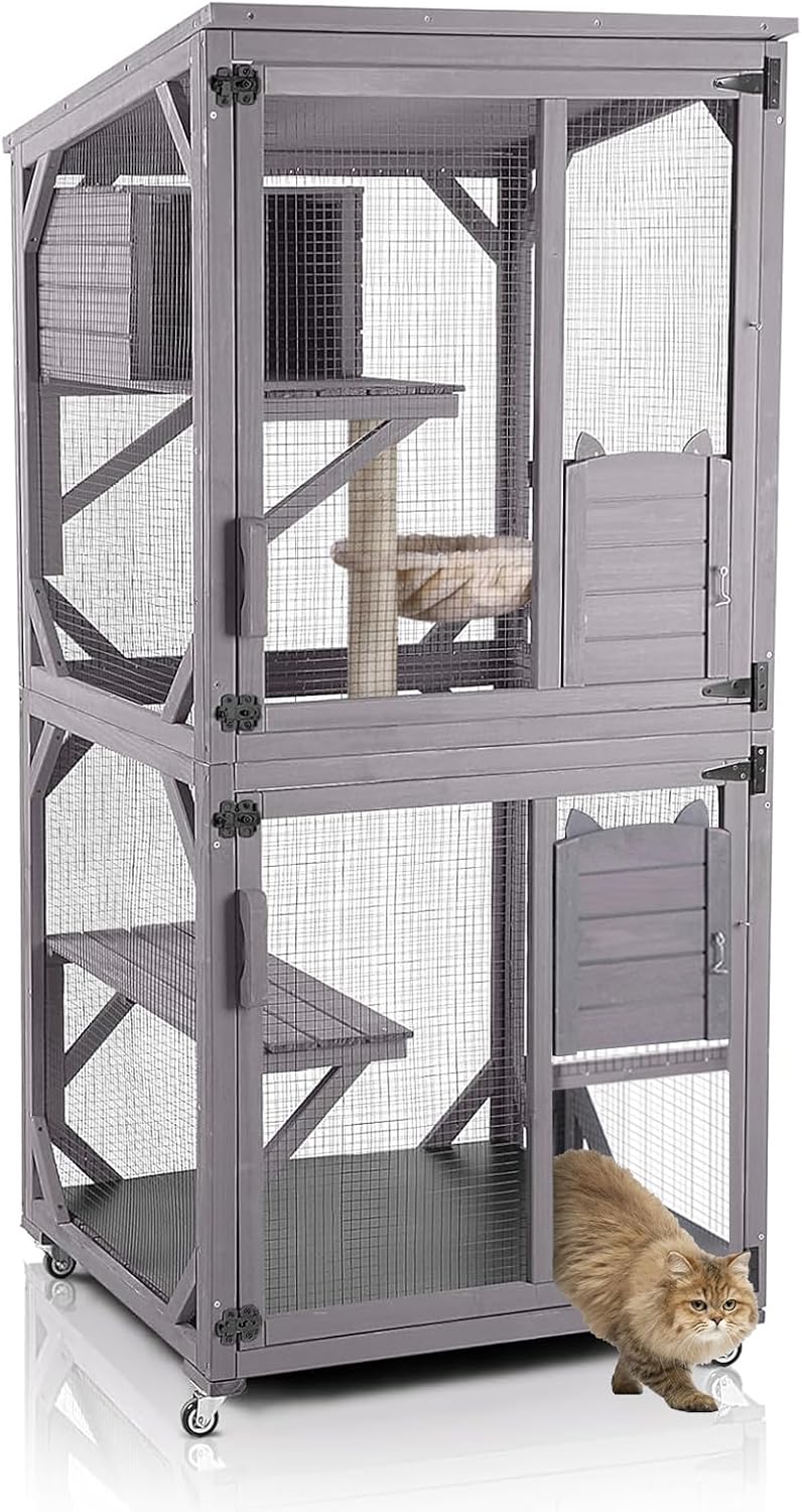 Aivituvin Cat House Outdoor Catio Cat Enclosures on Wheels 70.9" - 31.5"D x 70.9"W x 31.5"H Gery