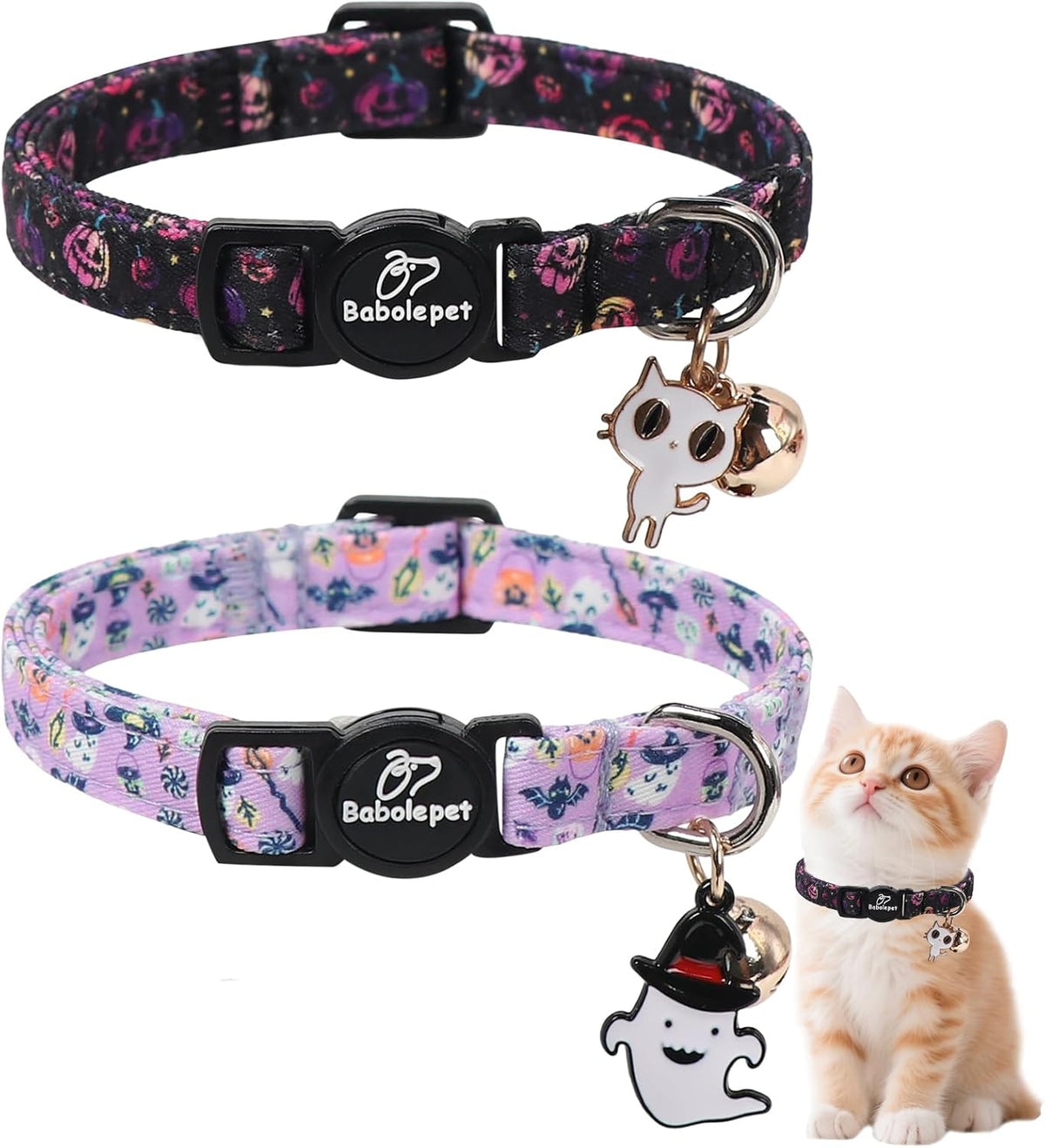 2 Pack Cute Cat Collars - Cartoon Bee Ladybug Breakaway Cat Collar with Bell & Matching Pendant - Spooky Halloween